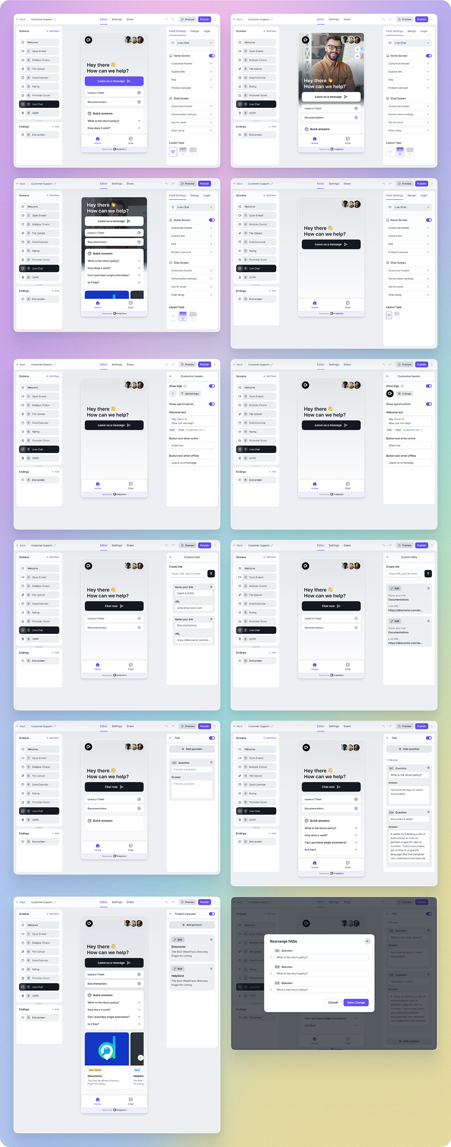 HelpGent live-chat widget editor and conversation interface screens